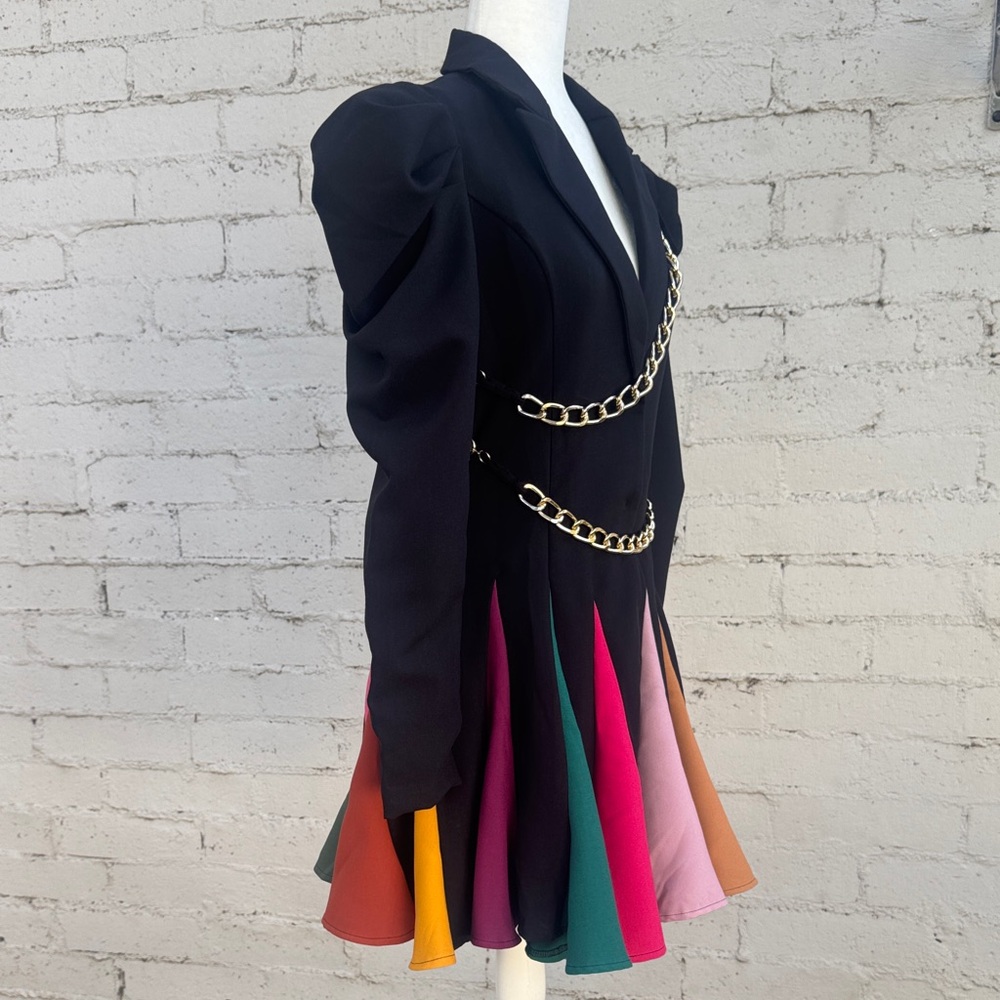 L'ATISTE by Amy Black Coat Dress Rainbow Pleated Skirt Gold Chains Size S - Picture 4 of 16
